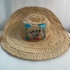 Walt Disney World Mickey Minnie Mouse‎ Tropical Straw Sun Hat Sequin Palm Trees
